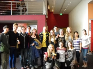 Most of the Sophmore/10th grade class of ICSB before seeing Big Hero 6 with Anna Danielle (middle right in grey hat)